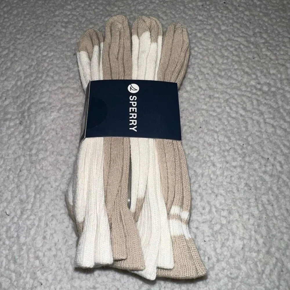 Sperry Women’s Cushion Crew Socks Pack of 4 Pairs Tan Cream White NWT